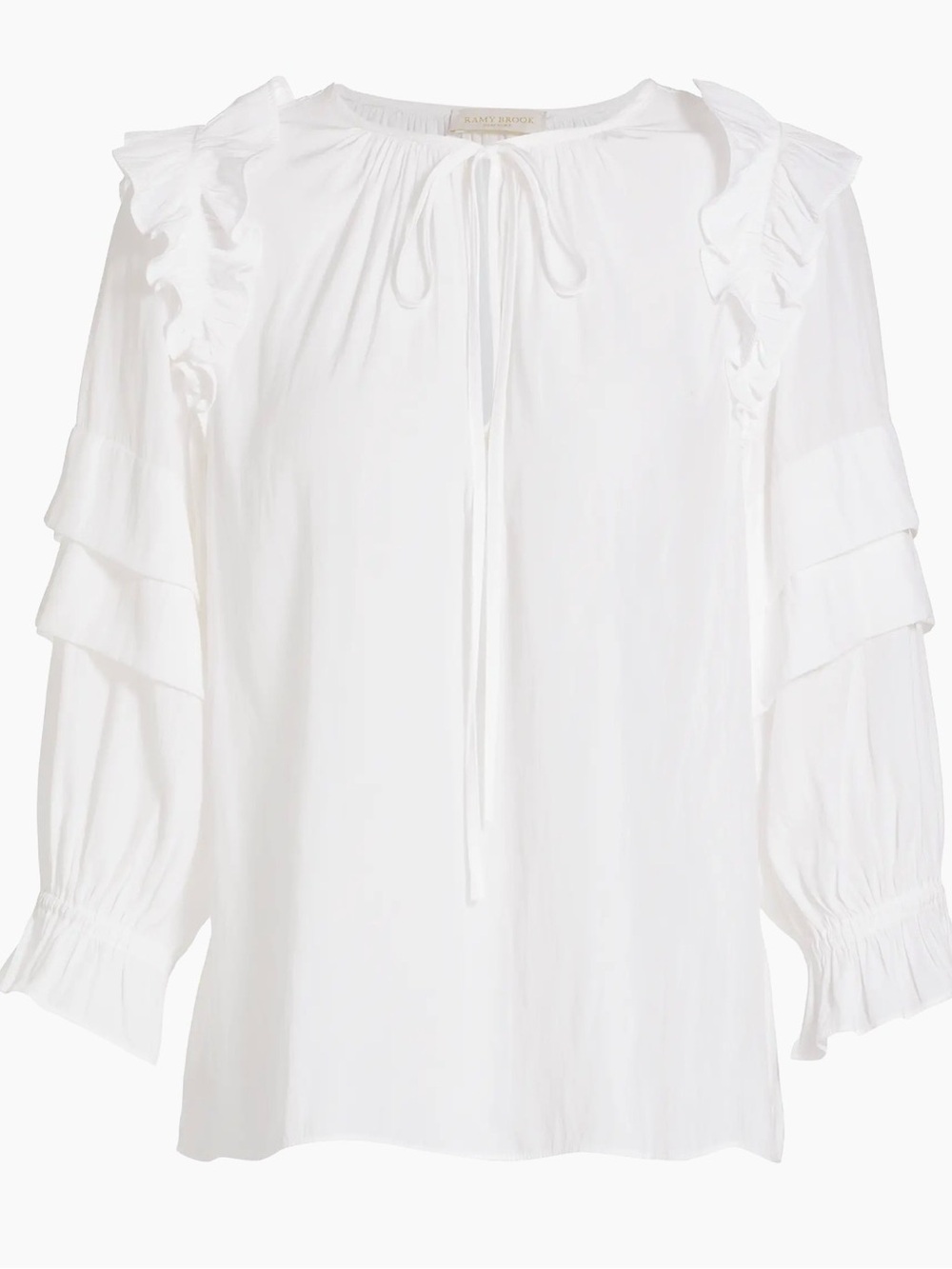 Ramy Brook Samira White Ruffle Tie Neck Blouse Estimated Medium - Picture 8 of 12